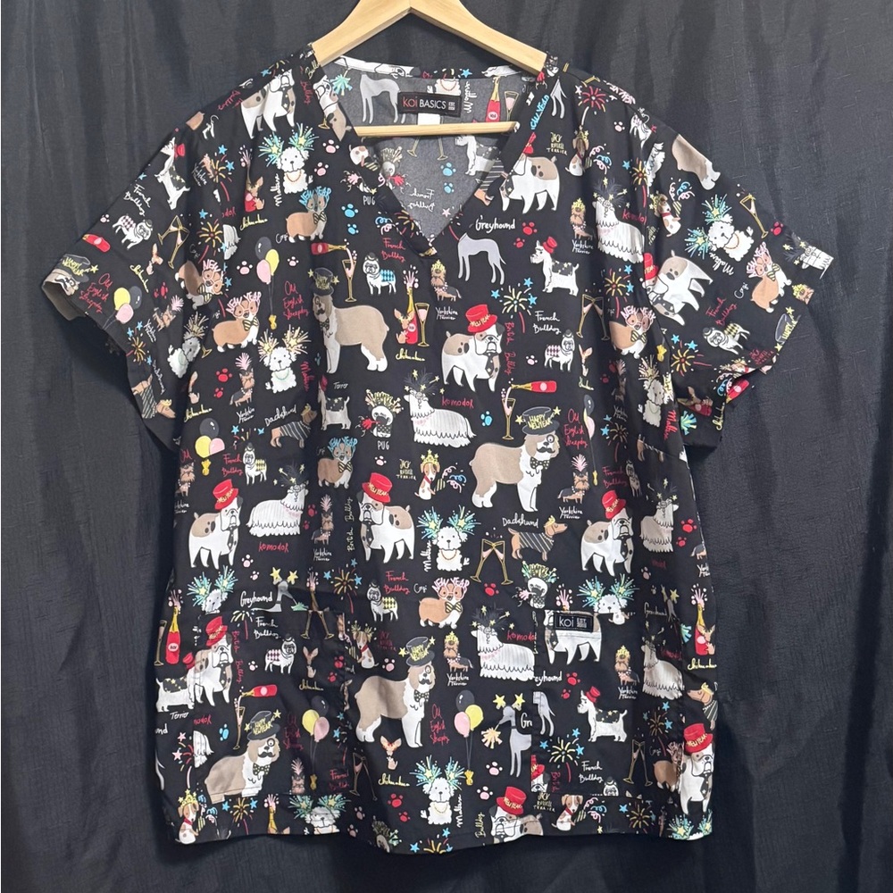 Koi Brand Party Dogs New Year’s Celebration Print Scrub Top 3X